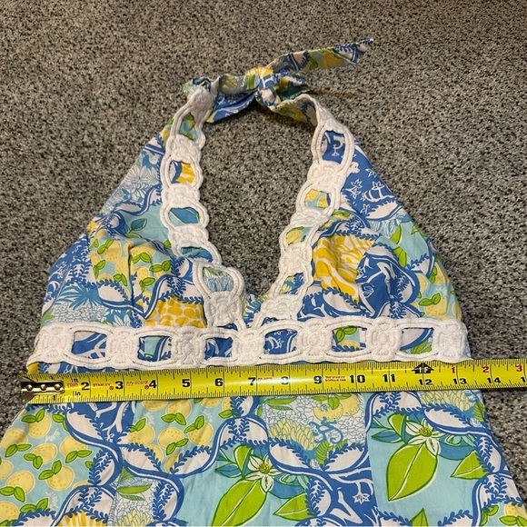 LILLY PULITZER 4 S Blue Yellow Floral Halter Macrame Detail Dress R $198 - Picture 7 of 11